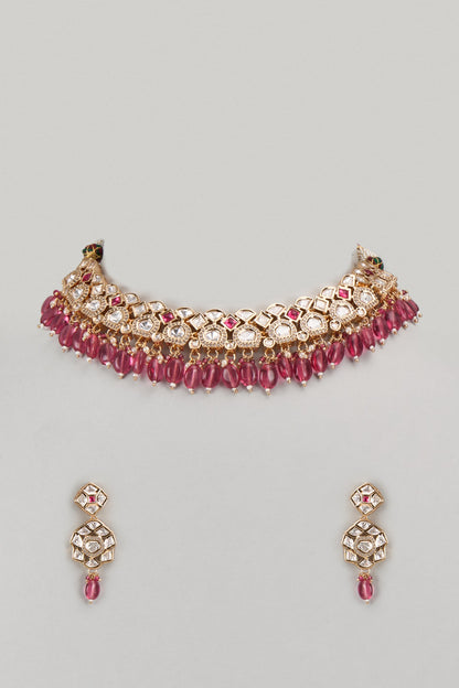 Gold Finish Kundan Polki & Red Stone Necklace Set