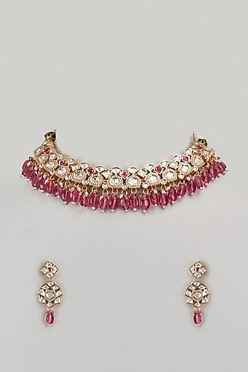 Gold Finish Kundan Polki & Red Stone Necklace Set