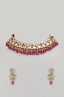 Gold Finish Kundan Polki & Red Stone Necklace Set