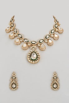 Gold Finish Kundan Polki & Green Stone Necklace Set