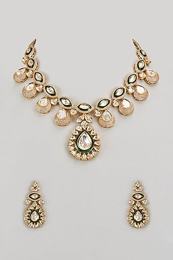 Gold Finish Kundan Polki & Green Stone Necklace Set