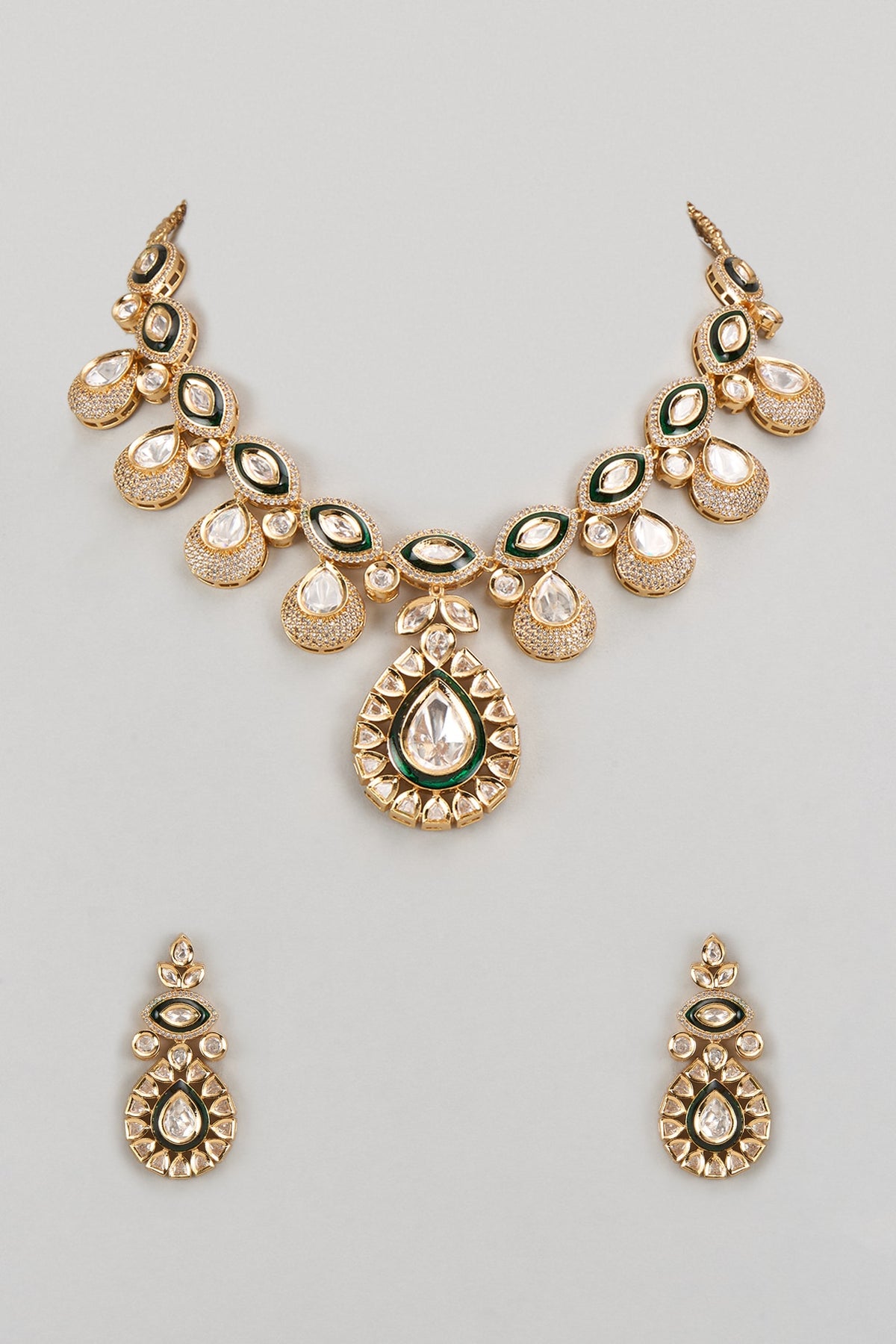 Gold Finish Kundan Polki & Green Stone Necklace Set