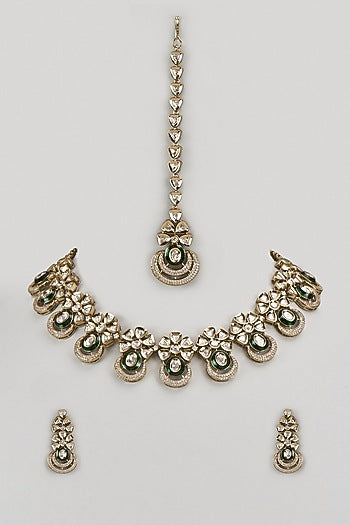 Gold Finish Kundan Polki & Green Stone Necklace Set