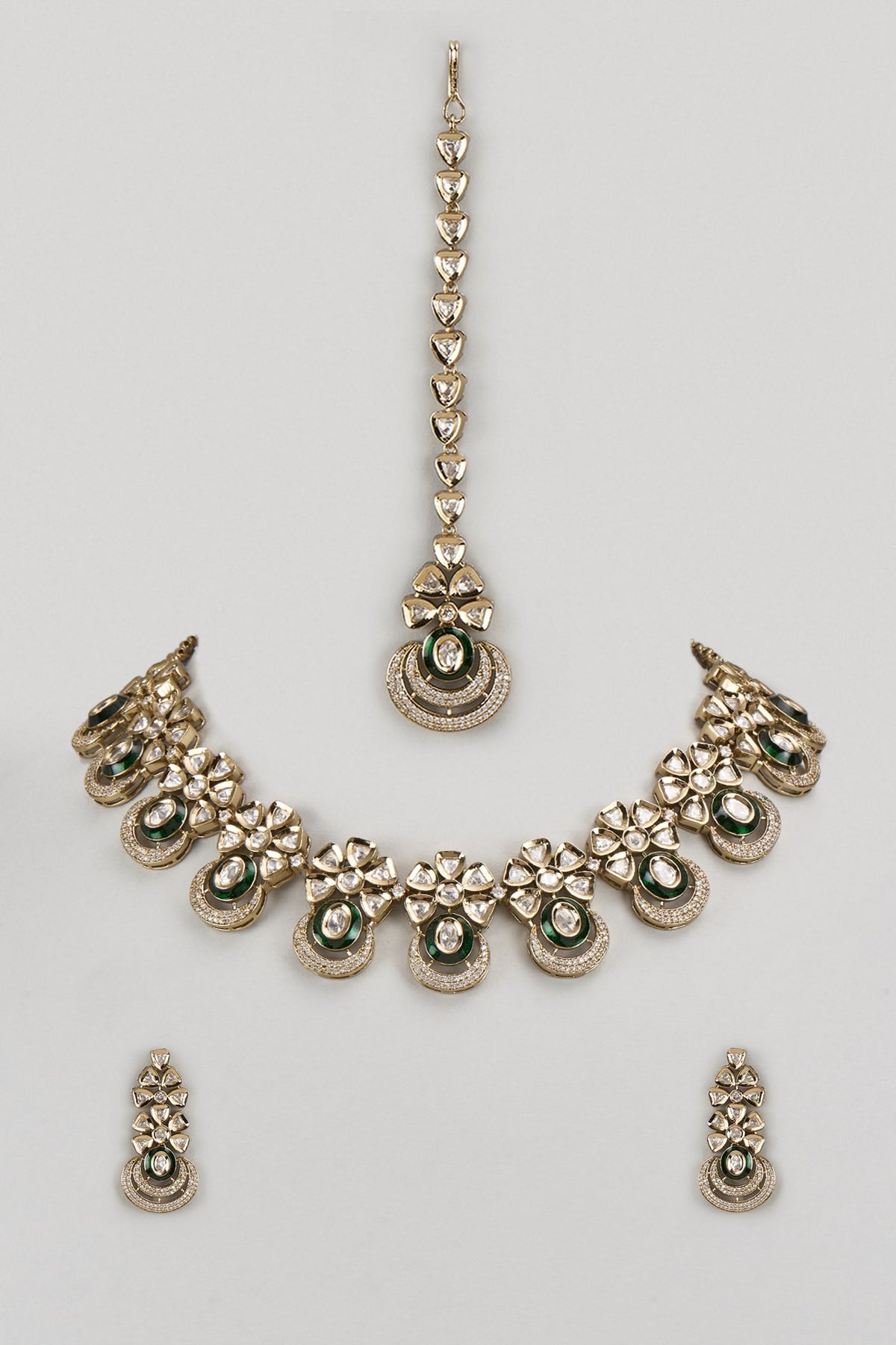 Gold Finish Kundan Polki & Green Stone Necklace Set