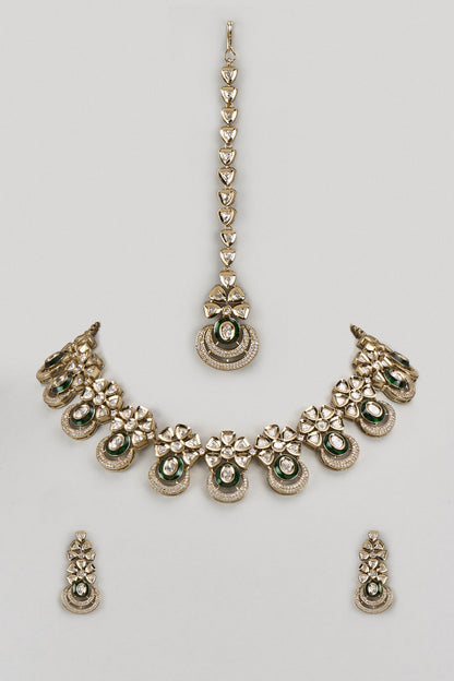 Gold Finish Kundan Polki & Green Stone Necklace Set