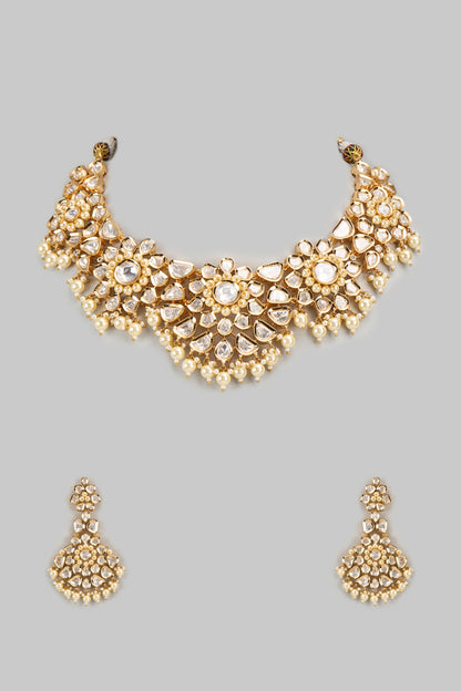 Gold Finish Kundan Polki Necklace Set