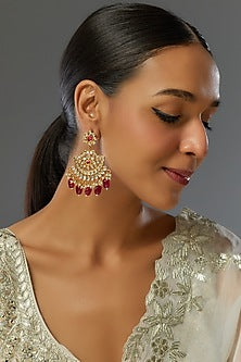 Gold Finish Red Stone & Kundan Polki Chandbaali Earrings