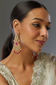 Gold Finish Red Stone & Kundan Polki Chandbaali Earrings