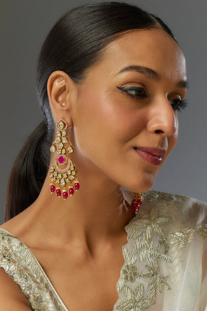 Gold Finish Red Stone & Kundan Polki Chandbaali Earrings