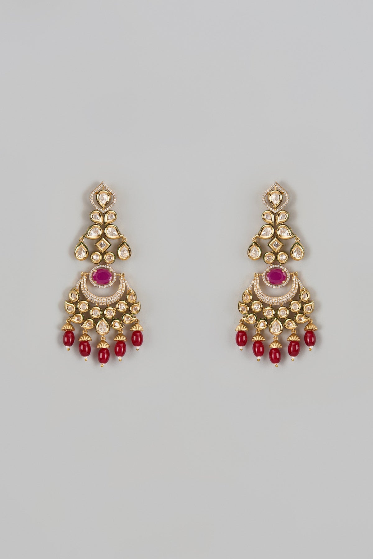 Gold Finish Red Stone & Kundan Polki Chandbaali Earrings