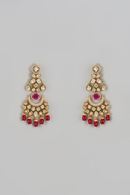 Gold Finish Red Stone & Kundan Polki Chandbaali Earrings