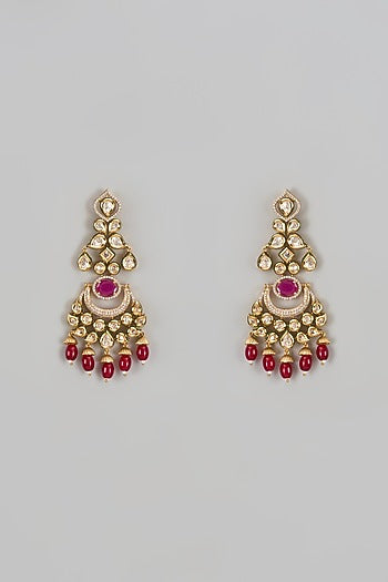 Gold Finish Red Stone & Kundan Polki Chandbaali Earrings