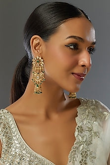 Gold Finish Green Stone & Kundan Polki Jhumka Earrings
