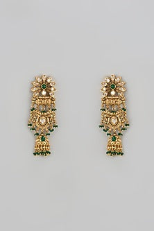 Gold Finish Green Stone & Kundan Polki Jhumka Earrings