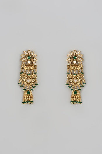 Gold Finish Green Stone & Kundan Polki Jhumka Earrings