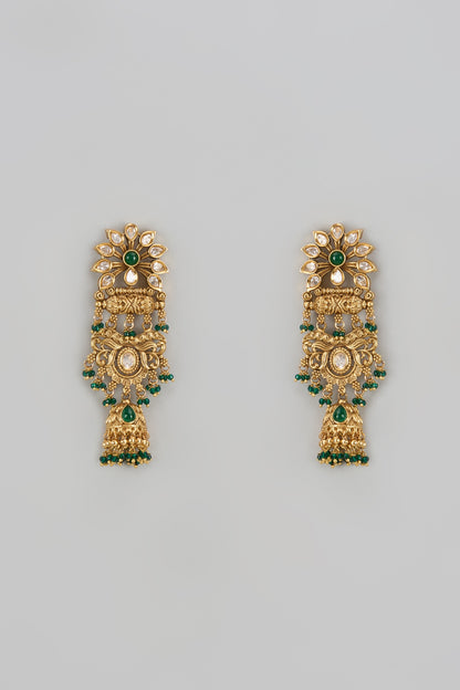 Gold Finish Green Stone & Kundan Polki Jhumka Earrings
