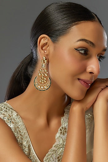 Gold Finish Kundan Polki Chandbaali Earrings