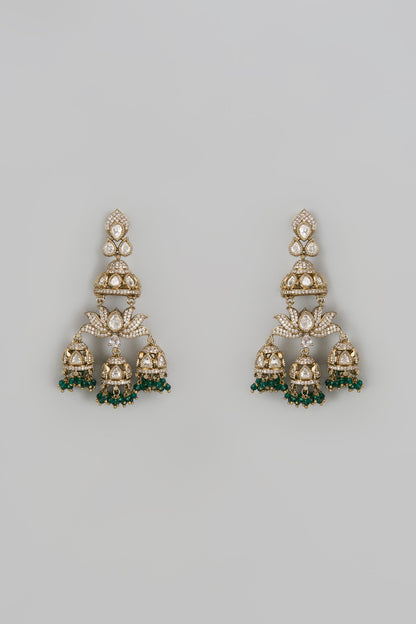 Gold Finish Kundan Polki & Green Stone Jhumka Earrings
