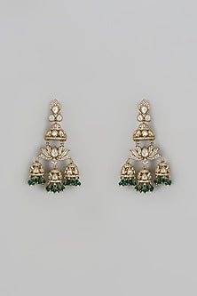 Gold Finish Kundan Polki & Green Stone Jhumka Earrings