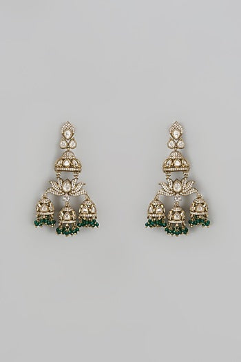 Gold Finish Kundan Polki & Green Stone Jhumka Earrings
