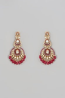 Gold Finish Kundan Polki & Red Stone Chandbaali Earrings