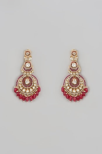 Gold Finish Kundan Polki & Red Stone Chandbaali Earrings