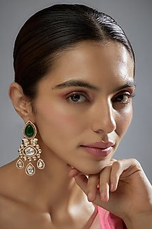 Gold Finish Kundan Polki & Emerald Stone Dangler Earrings