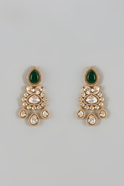 Gold Finish Kundan Polki & Emerald Stone Dangler Earrings