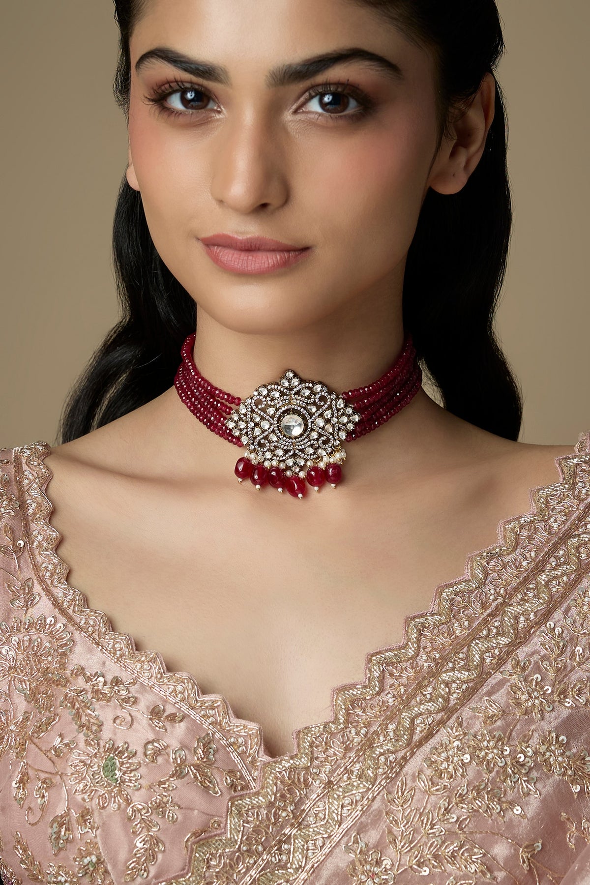 Gold Finish Ruby Synthetic Stone Choker Necklace