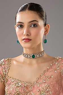 Gold Finish Emerald Synthetic Stone Choker Necklace Set