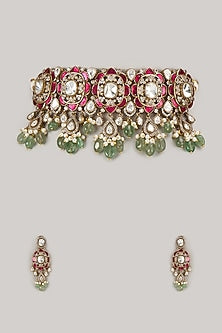Gold Finish Multi-Colored Stone Choker Necklace Set