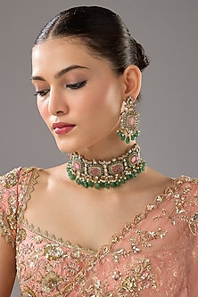 Gold Finish Emerald Synthetic Stone Choker Necklace Set