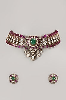 Gold Finish Multi-Colored Stone Choker Necklace Set