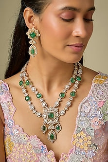 Gold Finish Kundan Polki & Emerald Stone Necklace Set