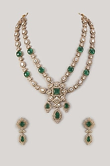 Gold Finish Kundan Polki & Emerald Stone Necklace Set