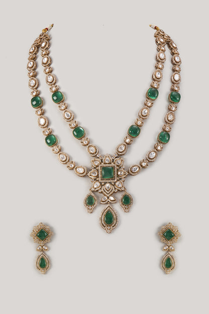 Gold Finish Kundan Polki & Emerald Stone Necklace Set