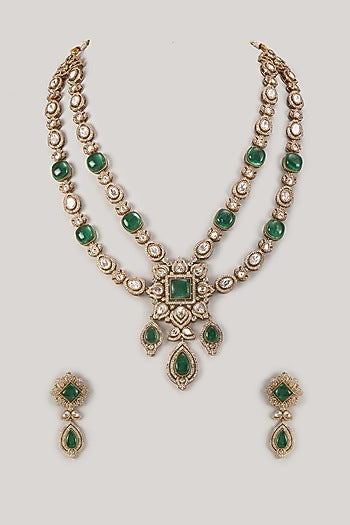 Gold Finish Kundan Polki & Emerald Stone Necklace Set