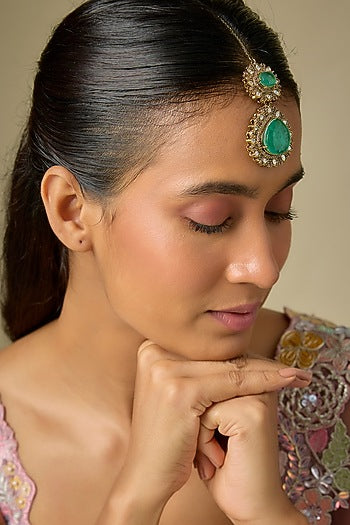 Gold Finish Kundan Polki & Emerald Stone Maangtikka
