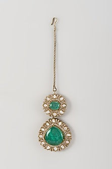 Gold Finish Kundan Polki & Emerald Stone Maangtikka