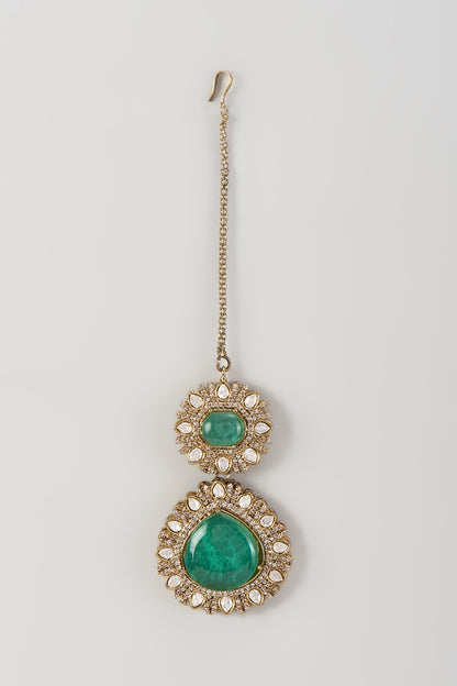 Gold Finish Kundan Polki & Emerald Stone Maangtikka