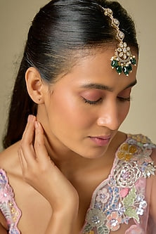 Gold Finish Kundan Polki & Emerald Stone Maangtikka