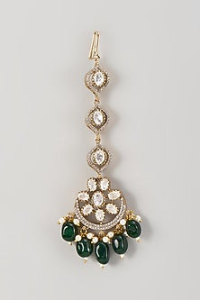 Gold Finish Kundan Polki & Emerald Stone Maangtikka