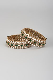 Gold Finish Kundan Polki & Emerald Stone Bangles (Set Of 2)