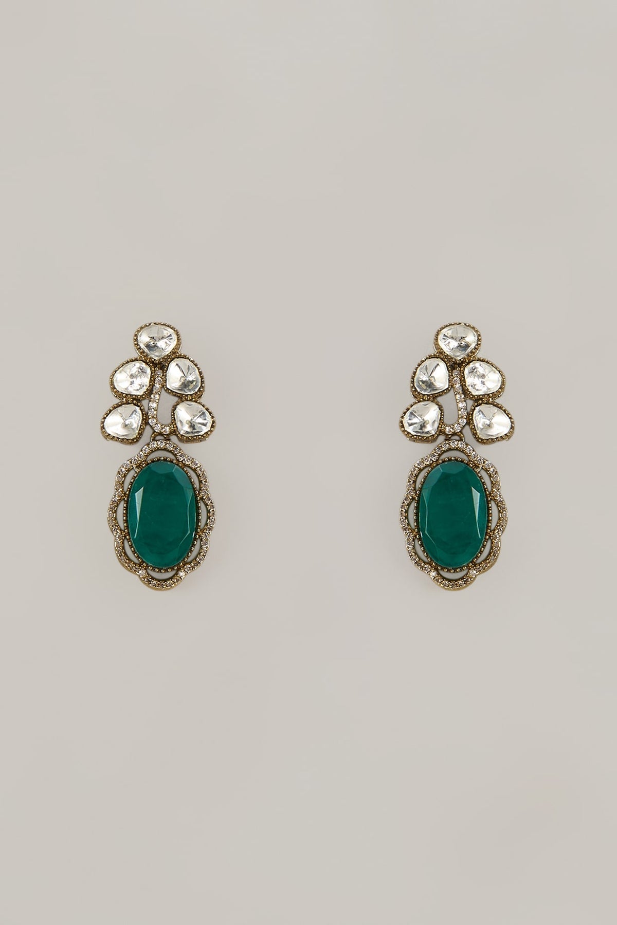 Gold Finish Green Synthetic Stone Stud Earrings
