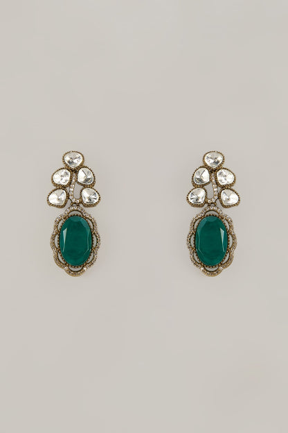 Gold Finish Green Synthetic Stone Stud Earrings