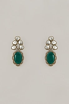 Gold Finish Green Synthetic Stone Stud Earrings