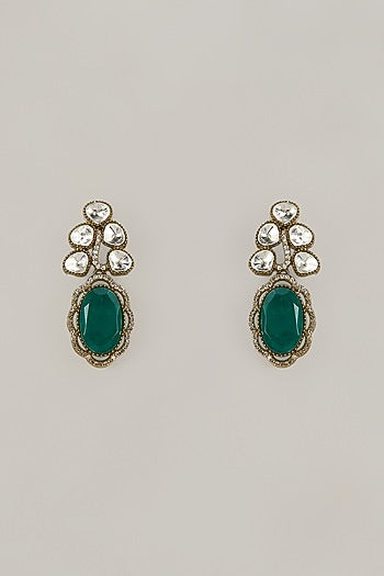 Gold Finish Green Synthetic Stone Stud Earrings