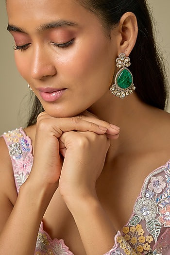 Gold Finish Kundan Polki & Emerald Stone Dangler Earrings