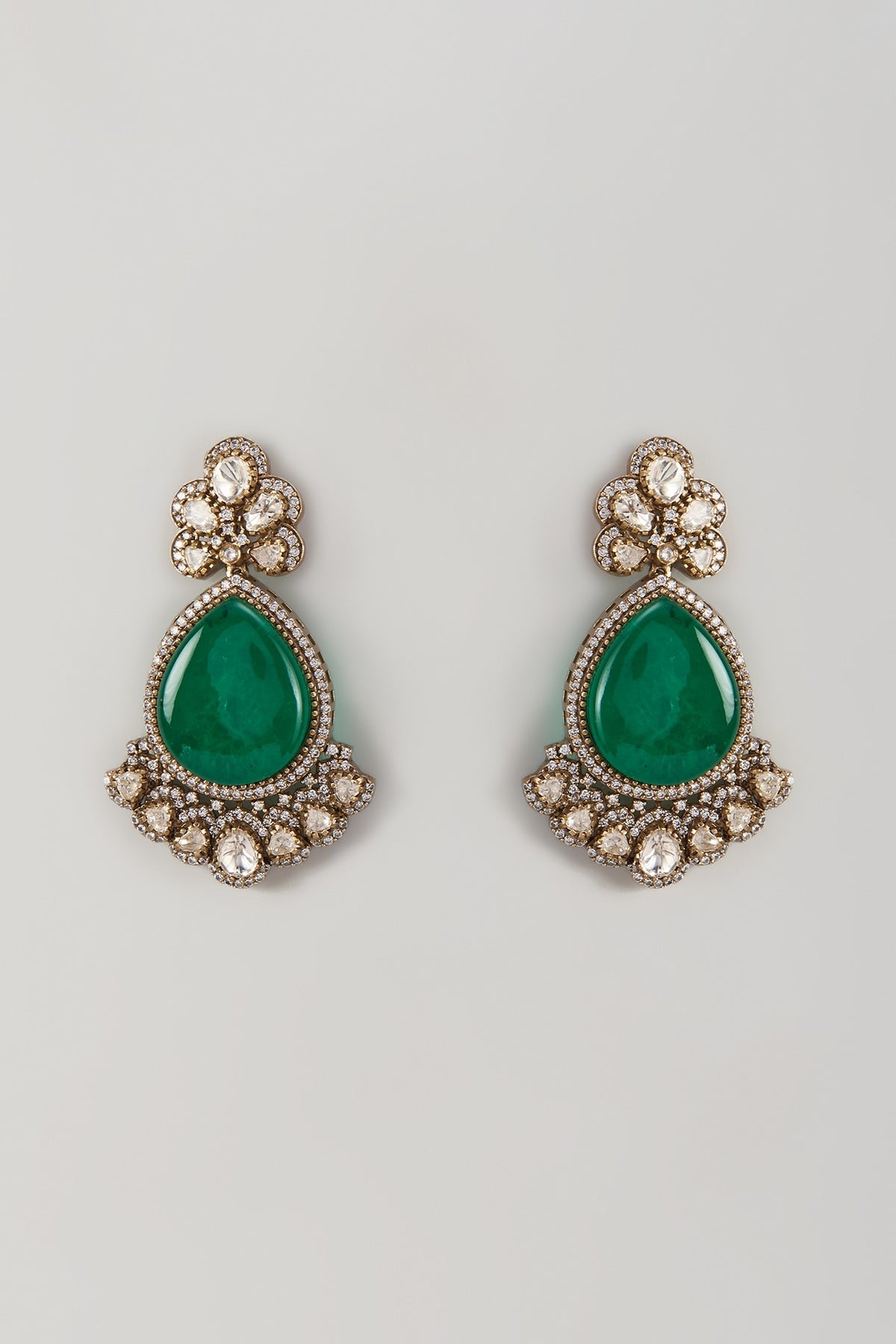 Gold Finish Kundan Polki & Emerald Stone Dangler Earrings