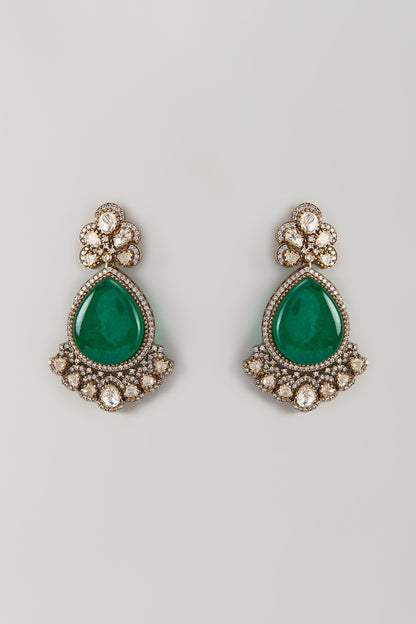 Gold Finish Kundan Polki & Emerald Stone Dangler Earrings
